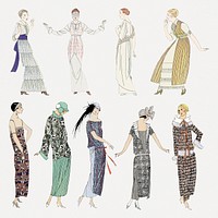 Woman psd in fashionable vintage dress, featuring public domain artworks