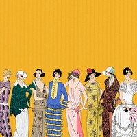 Yellow background psd featuring vintage women fashion from 1920s, remixed from vintage illustration published in Très Parisien