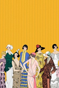 Yellow background psd featuring vintage women fashion from 1920s, remixed from vintage illustration published in Tr&egrave;s Parisien