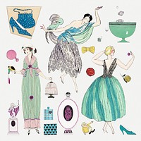 Vintage psd woman and beauty item set, featuring public domain artworks