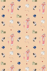 Pattern background psd featuring vintage flapper and beauty items, remixed from public domain artworks