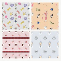 Pattern background psd with woman fashion set, featuring public domain artworks