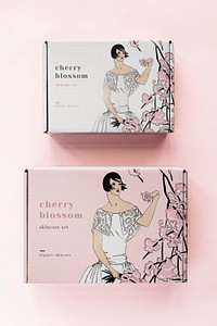 Packaging boxes mockup psd with woman and cherry blossom, remixed from vintage illustrations published in Tr&egrave;s Parisien