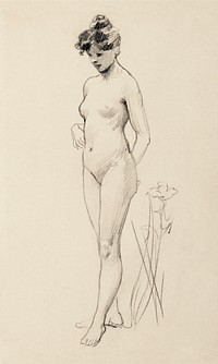 Naked woman showing her breasts, vintage erotic art. Standing Female Nude (1890) by James Wells Champney. Original from The Smithsonian. Digitally enhanced by rawpixel.