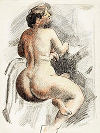 Naked woman showing her bottom. Seated Female Nude by Carl Newman. Original from The Smithsonian. Digitally enhanced by rawpixel.