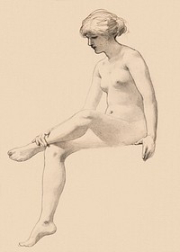 Naked woman showing her breasts, vintage erotic art. Seated Female Nude (1890) by James Wells Champney. Original from The Smithsonian. Digitally enhanced by rawpixel.