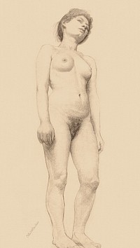 Naked woman showing her breasts, vintage erotic art. Standing Female Nude (1878-1879) by Otto H. Bacher. Original from The Cleveland Museum of Art. Digitally enhanced by rawpixel.
