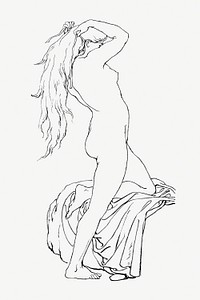 Nude woman posing vintage sensual hand drawn illustration