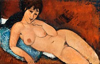 <br />Amedeo Modigliani&#39;s Nude on a Blue Cushion (1917), naked woman exposing her breasts, vintage erotic art. Original from The National Gallery of Art. Digitally enhanced by rawpixel.