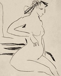 Naked woman showing her breasts, vintage erotic art. Female Nude Seated (1909) by Ernst Ludwig Kirchner. Original from The National Gallery of Art. Digitally enhanced by rawpixel.