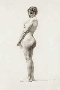 Naked woman posing sensually, vintage erotic art. Standing Female Nude (1818) by Marie Mathieu. Original from The Art Institute of Chicago. Digitally enhanced by rawpixel.