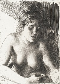 Naked woman showing her breasts, vintage erotic art. Byst (1916) by Anders Zorn. Original from The Museum of New Zealand Te Papa Tongarewa. Digitally enhanced by rawpixel.