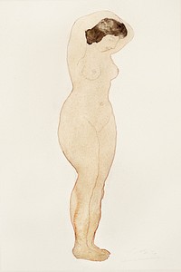 Naked woman posing sensually, vintage erotic art. Nude, standing with hands on head by Auguste Rodin. Original from Yale University Art Gallery. Digitally enhanced by rawpixel.