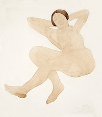 Naked woman posing sensually, vintage erotic art. Nude, reclining, hands behind head by Auguste Rodin. Original from The Yale University Art Gallery. Digitally enhanced by rawpixel.