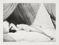 Naked woman posing sexually, vintage nude illustration.  Nude Reclining on Curtained Bed (1797) by William Holland. Original from The MET museum. Digitally enhanced by rawpixel.