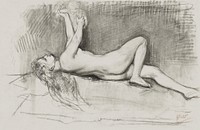Vintage erotic nude art of a naked woman. Naaktstudie van achteroverliggende vrouw (1848&ndash;1927) by August Alleb&eacute;. Original from The Rijksmuseum. Digitally enhanced by rawpixel.