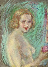 Naked woman showing her breasts, vintage nude illustration. Nude with Fruit by Alice Pike Barney. Original from The Smithsonian. Digitally enhanced by rawpixel.