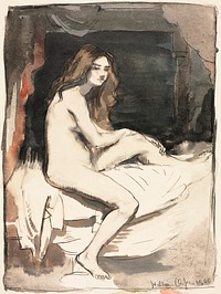 Naked woman posing sexually, vintage nude illustration.  Nude Study (1900) by William Orpen. Original from The Cleveland Museum of Art. Digitally enhanced by rawpixel.