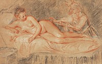 Naked woman showing her breasts, vintage nude illustration. The Remedy (1684&ndash;1721) by <a href="http://www.getty.edu/art/collection/artists/361/jean-antoine-watteau-french-1684-1721/">Jean-Antoine Watteau</a>. Original from The J. Paul Getty Museum. Digitally enhanced by rawpixel.