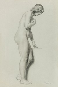 Naked woman posing sexually, vintage nude illustration.  Female Nude (1858) by Daniel Huntington. Original from The Smithsonian. Digitally enhanced by rawpixel.