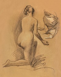 Woman showing her nude bum. Study of Kneeling Nude Figure (1900) by Louis Schaettle. Original from The Smithsonian. Digitally enhanced by rawpixel.