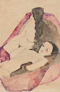 Naked women posing sexually, vintage nude illustration. Two Reclining Nudes (1911) by Egon Schiele. Original from The MET museum. Digitally enhanced by rawpixel.