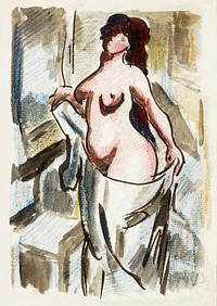 Naked woman showing her breasts, vintage nude illustration. Female Nude with Drape by Carl Newman. Original from The Smithsonian. Digitally enhanced by rawpixel.