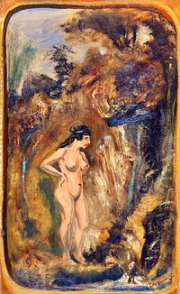 Naked woman showing her breasts, vintage nude illustration. Nude in Forest (1908–1916) by Louis M. Eilshemius. Original from The Smithsonian. Digitally enhanced by rawpixel.