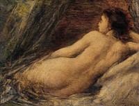 Woman showing her nude bum. Reclining Nude (1874) by <span style="display: none;"> </span><a href="https://www.rawpixel.com/search/Henri%20Fantin-Latour?sort=curated&amp;page=1">Henri Fantin-Latour</a>Henri Fantin-Latour. Original from The Rijksmuseum. Digitally enhanced by rawpixel.