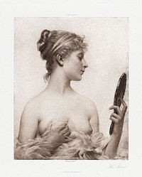 Naked woman showing her breasts, vintage nude illustration. The Mirror (1890) by After Jules Aviat. Original from The MET museum. Digitally enhanced by rawpixel.