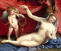 Venus and Cupid (1520s) by <a href="https://www.metmuseum.org/art/collection/search#!?q=Lorenzo%20Lotto&amp;perPage=20&amp;sortBy=Relevance&amp;offset=0&amp;pageSize=0">Lorenzo Lotto</a>. Original from The MET museum. Digitally enhanced by rawpixel.
