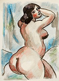 Woman showing off naked bum, vintage nude illustration. Female Nude by <a href="https://www.rawpixel.com/search/Carl%20Newman?sort=curated&amp;page=1">Carl Newman</a>. Original from The Smithsonian. Digitally enhanced by rawpixel.