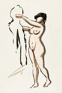Naked woman showing her breasts, vintage nude illustration. Standing Female Nude with Drape by <a href="https://www.rawpixel.com/search/Carl%20Newman?sort=curated&amp;page=1">Carl Newman</a>. Original from The Smithsonian. Digitally enhanced by rawpixel.