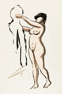 Naked woman showing her breasts, vintage nude illustration. Standing Female Nude with Drape by Carl Newman. Original from The Smithsonian. Digitally enhanced by rawpixel.