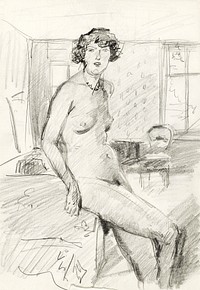 Vintage erotic nude art of a naked woman. Zittend vrouwelijk naakt in een interieur (1915&ndash;1934) by Isaac Israels. Original from The Rijksmuseum. Digitally enhanced by rawpixel.