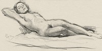 Naked woman showing her breasts, vintage nude illustration. Reclining Female Nude (1934) by Louis Goudman. Original from The Rijksmuseum. Digitally enhanced by rawpixel.