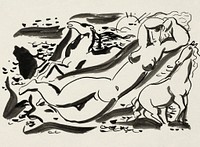 Ontwerp voor een vignet: naakte vrouw en twee paard met de zee op de achtergrond (1891&ndash;1941) by Leo Gestel. Original from The Rijksmuseum. Digitally enhanced by rawpixel.