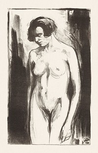Naked woman showing her breasts, vintage nude illustration. Studie van een staande naakte vrouw (1924) by Simon Moulijn. Original from The Rijksmuseum. Digitally enhanced by rawpixel.