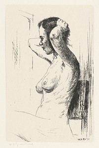 Naked woman showing her breasts, vintage nude illustration. Zittende, naakte vrouw (1933) by Willem Adrianus Grondhout. Original from The Rijksmuseum. Digitally enhanced by rawpixel.