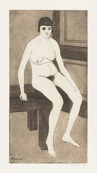 Naked woman showing her breasts, vintage nude illustration. Zittend naakt (1917) by Samuel Jessurun de Mesquita. Original from The Rijksmuseum. Digitally enhanced by rawpixel.