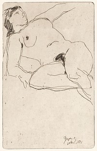 Naked woman showing her breasts, vintage nude illustration. Liggende naakte vrouw (1923) by Reijer Stolk. Original from The Rijksmuseum. Digitally enhanced by rawpixel.