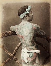 Tattoo photography of Japanese naked man with tattoo (1870s –1890s) by Kusakabe Kimbei. Original from The Getty. Digitally enhanced by rawpixel.