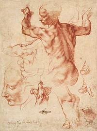Studies for the Libyan Sibyl (recto); Studies for the Libyan Sibyl and a small Sketch for a Seated Figure (verso) (ca. 1510&ndash;1511) by Michelangelo Buonarroti. Original from The MET Museum. Digitally enhanced by rawpixel.