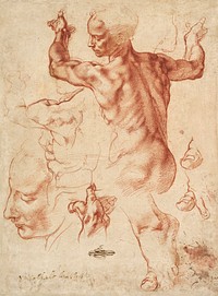 Studies for the Libyan Sibyl (recto); Studies for the Libyan Sibyl and a small Sketch for a Seated Figure (verso) (ca. 1510–1511) by Michelangelo Buonarroti. Original from The MET Museum. Digitally enhanced by rawpixel.