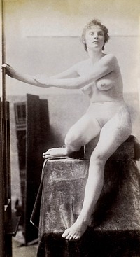 Nude Photography, study of a female nude model, seated and seen from the front, in the studio of Jacques de Lalaing (ca. 1895–1898). Original from The Rijksmuseum. Digitally enhanced by rawpixel.