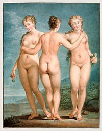 Standing Naked women. The Three Graces (1786) painting in high resolution by Jean Fran&ccedil;ois Janinet. Original from The Cleveland Museum of Art. Digitally enhanced by rawpixel.
