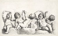 Three cherubs and two boys on clouds, each raising one arm (1646) by Wenceslaus Hollar. Original from The MET Museum. Digitally enhanced by rawpixel.