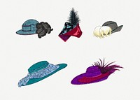 Vintage ladies hat psd illustration set, remix from artworks by Charles Martin