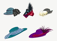 Vintage ladies hat illustration vector set, remix from artworks by Charles Martin