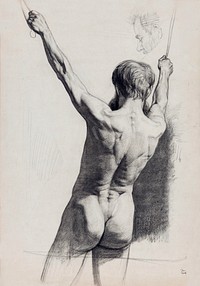 Standing Nude. Staand mannelijk naakt met opgeheven armen, op de rug gezien (ca. 1874&ndash;1925) by Jan Veth. Original from The Rijksmuseum. Digitally enhanced by rawpixel.